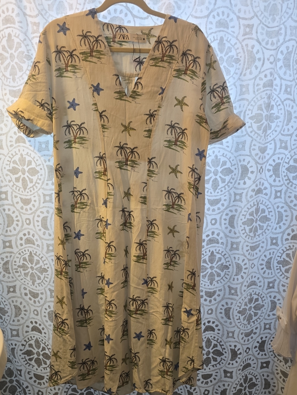 ZARA Cream Tropical Palm & Starfish V-Neck Tunic Dress